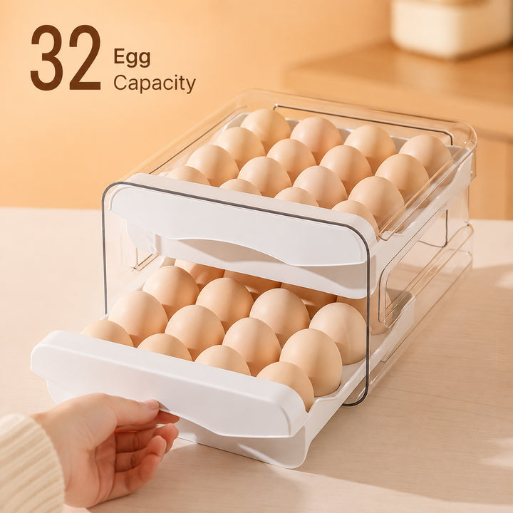 Clear Refrigerator Egg Organizer with 32 egg capacity and pull-out drawers