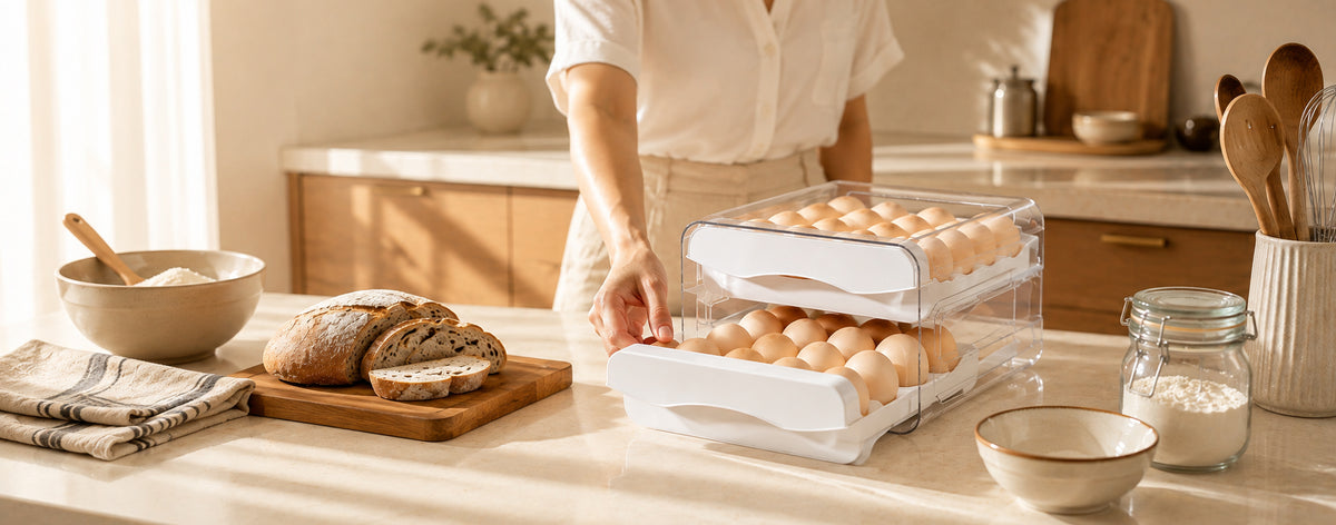 Clear Refrigerator Egg Organizer in a warm breakfast preparation kitchen with easy-access pull-out drawers
