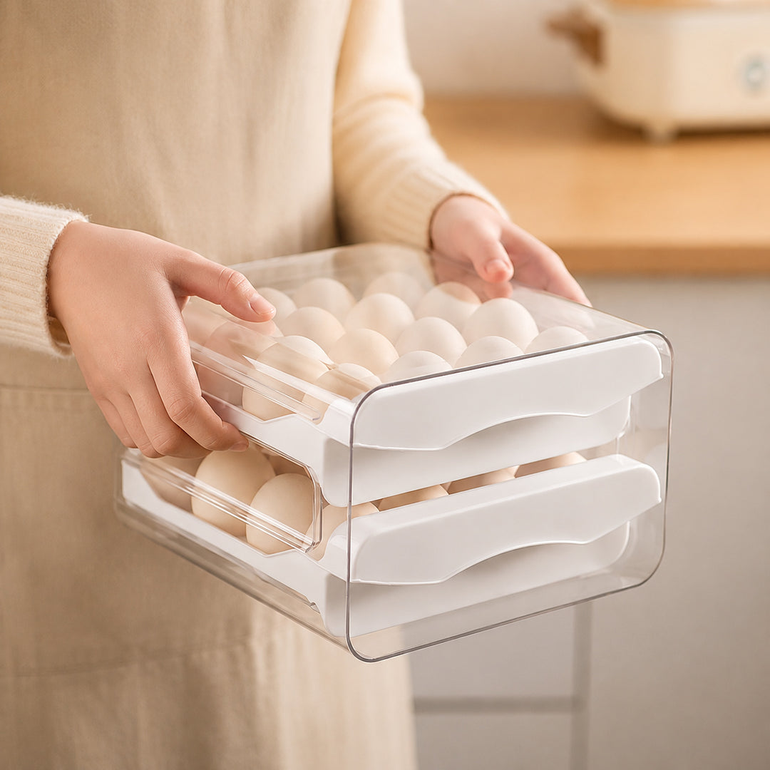 Clear Refrigerator Egg Organizer with built-in handles for easy carrying