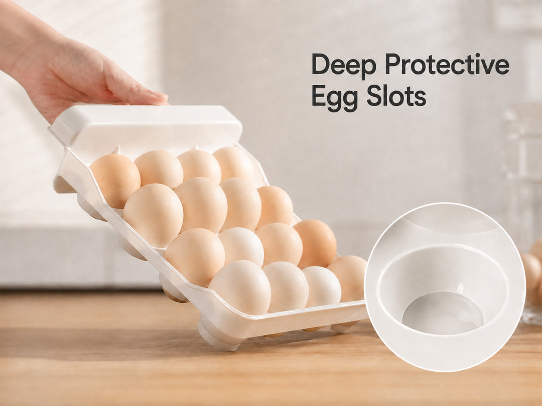 Clear Refrigerator Egg Organizer with deep protective egg slots that securely hold each egg to help prevent rolling and accidental bumps.