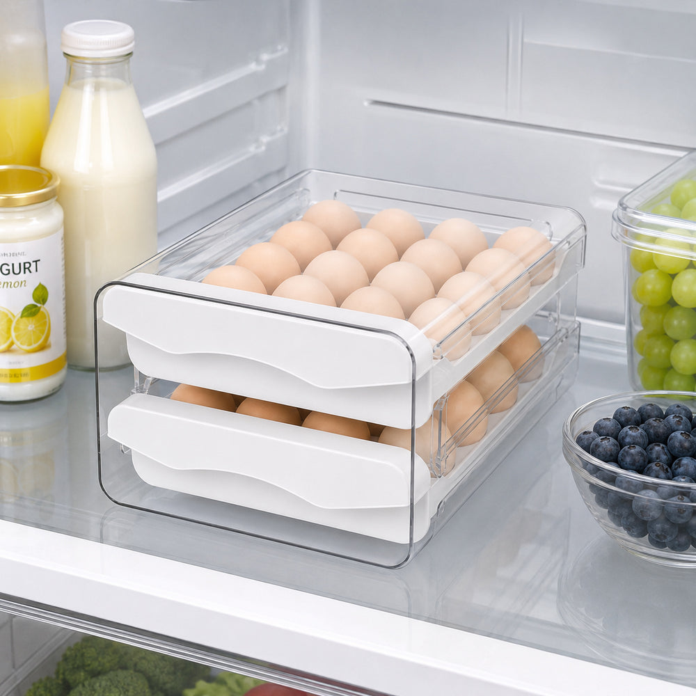 Clear Refrigerator Egg Organizer keeping eggs neatly organised in the fridge