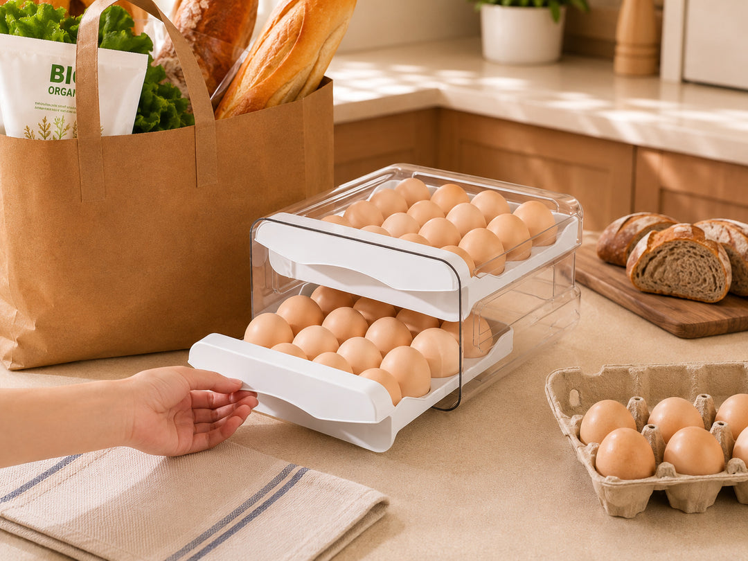 Clear Refrigerator Egg Organizer being restocked from a grocery egg carton in a warm modern kitchen
