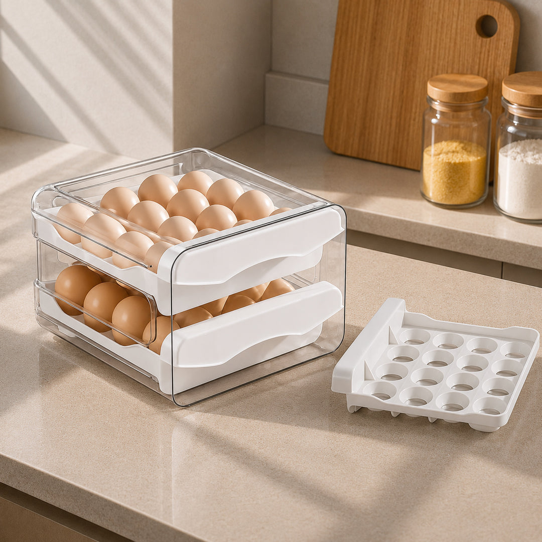 Clear refrigerator egg organizer with removable egg tray