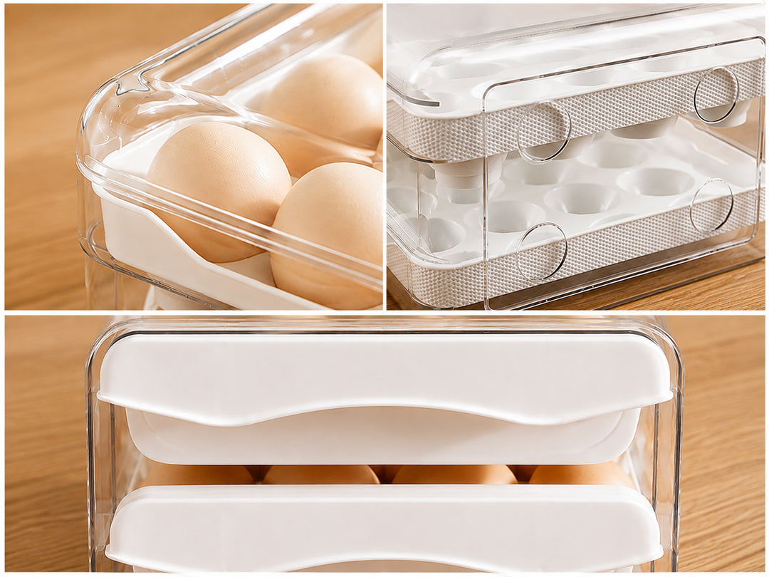Clear Refrigerator Egg Organizer detail view with rounded edges, vent holes and ergonomic handles