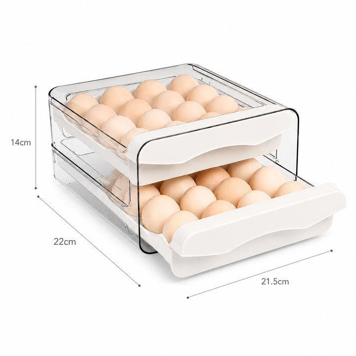 Clear Refrigerator Egg Organizer showing product dimensions (21.5 × 22 × 14 cm)