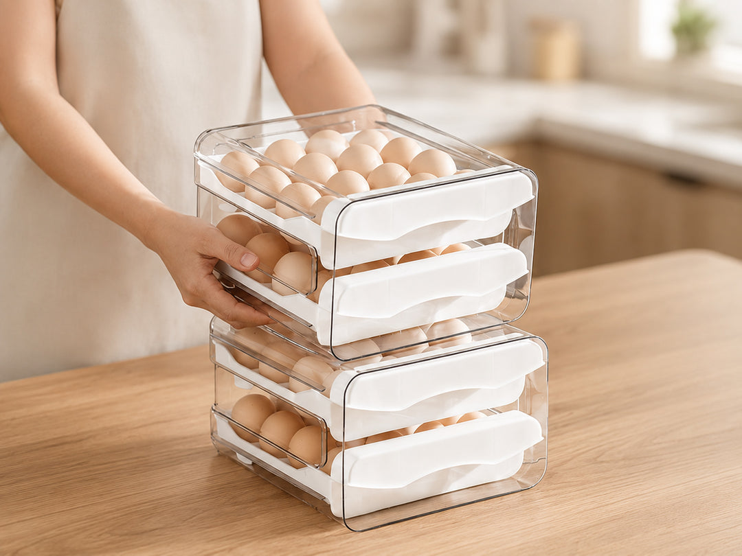 Clear Refrigerator Egg Organizer stacked to save fridge space while keeping eggs neatly organised