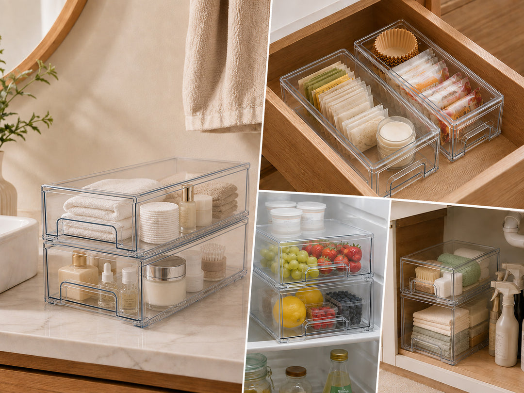 Clear Stackable Storage Drawers for multi-purpose storage in the bathroom, kitchen, fridge, and under sink