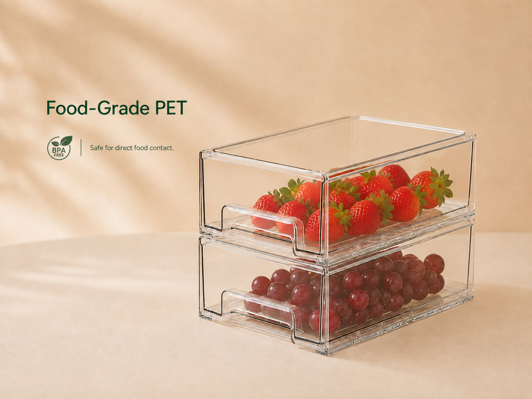 Clear Stackable Storage Drawers holding strawberries and grapes, made from BPA-free food-grade PET