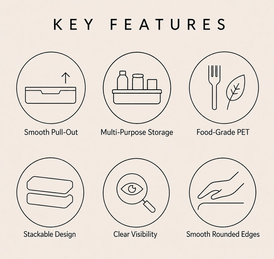 Clear Stackable Storage Drawers key features including smooth pull-out design, stackable storage and food-grade PET material