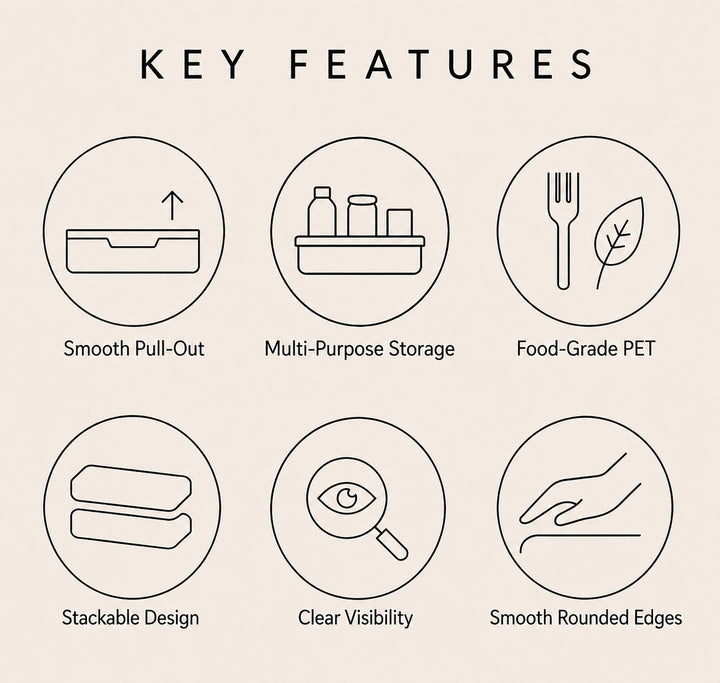 Clear Stackable Storage Drawers key features including smooth pull-out design, stackable storage and food-grade PET material