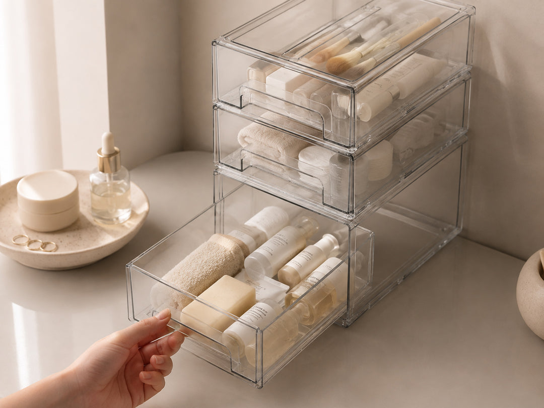 Clear Stackable Storage Drawers with smooth pull-out drawer for easy everyday access