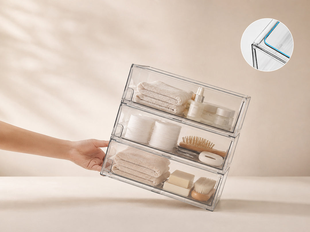Clear Stackable Storage Drawers with built-in top grooves for secure stacking