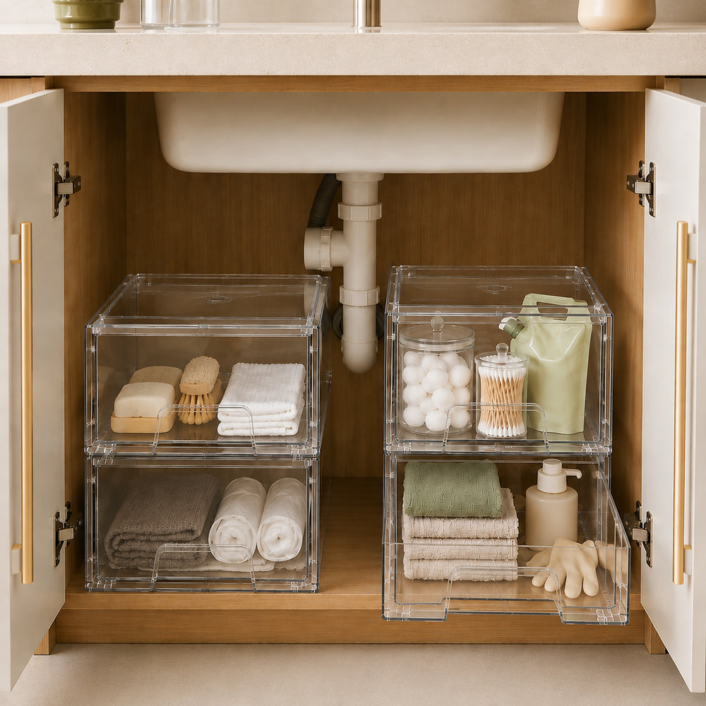 Clear Stackable Storage Drawers used as an under sink organizer for bathroom and kitchen storage