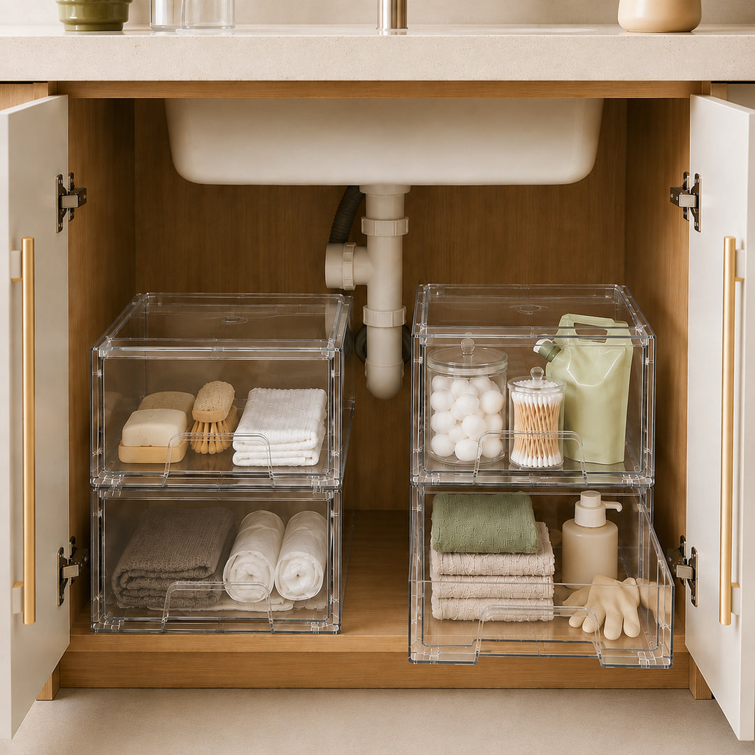 Clear Stackable Storage Drawers used as an under sink organizer for bathroom and kitchen storage