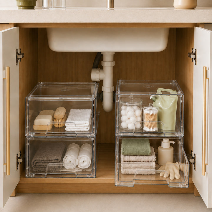 Clear Stackable Storage Drawers used as an under sink organizer for bathroom and kitchen storage
