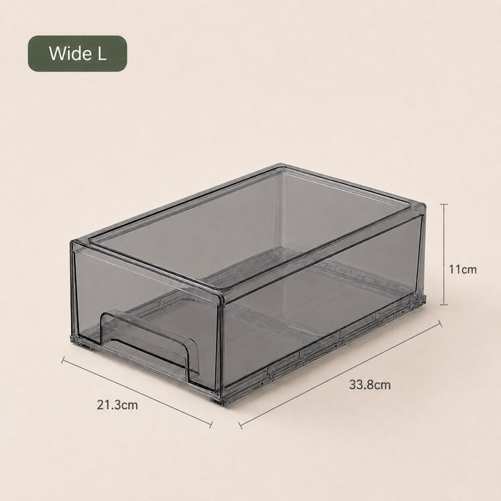 Clear Stackable Storage Drawers – Wide L (33.8 × 21.3 × 11 cm), Smoke Grey