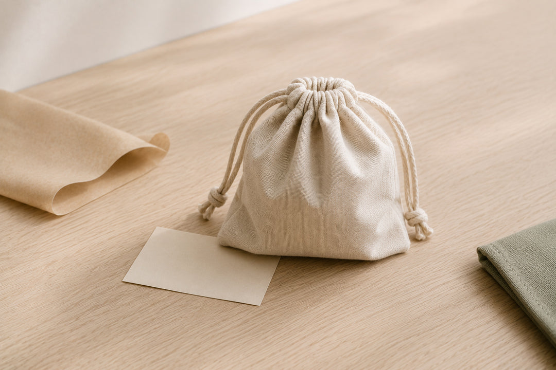 Neutral drawstring pouch and card arranged for thoughtful order preparation