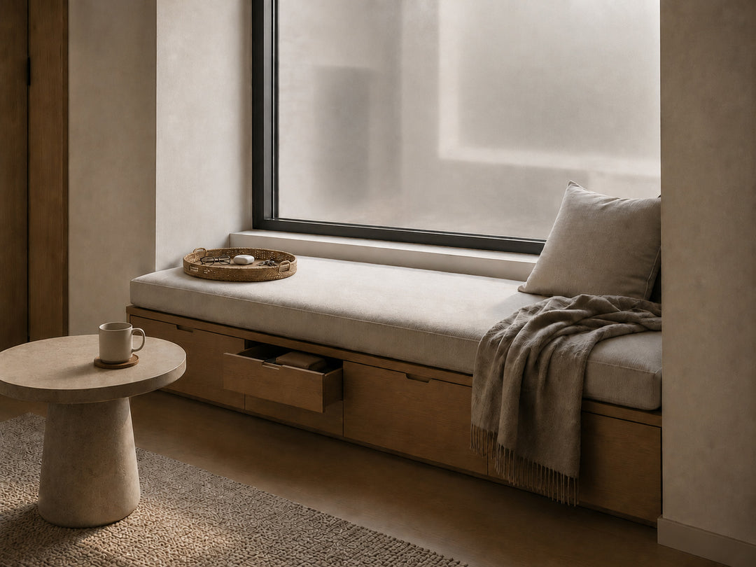 Organised window bench with everyday essentials and built-in drawer storage