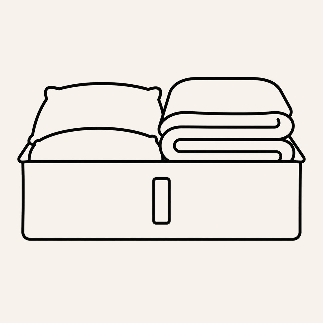 A minimalist black line drawing of a storage box containing folded bedding or blankets, shown on a plain light beige background.