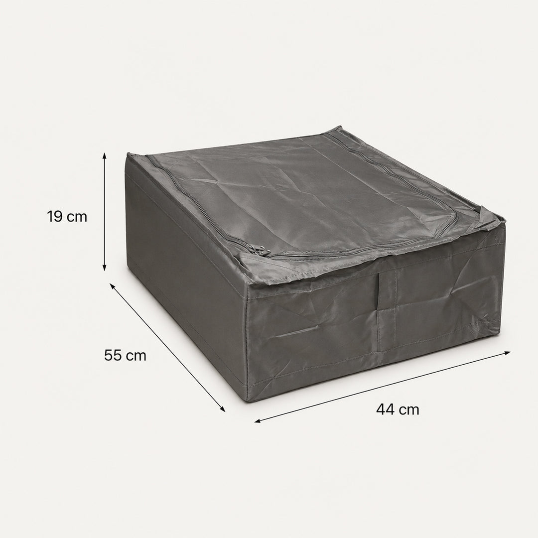 Grey foldable under-bed storage organizer showing 55 x 44 x 19 cm dimensions