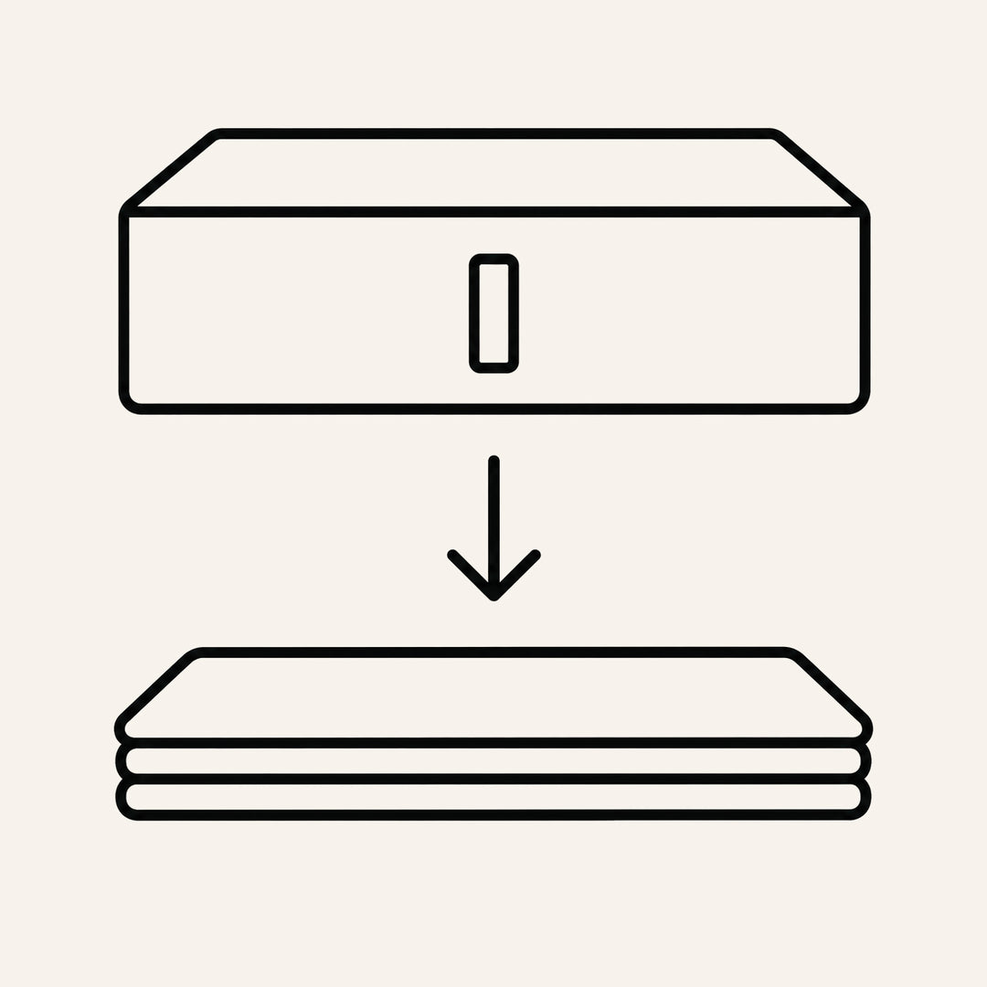 A minimalist black line icon showing a rectangular box above an arrow pointing down to a stack of folded items, on a light warm gray background.
