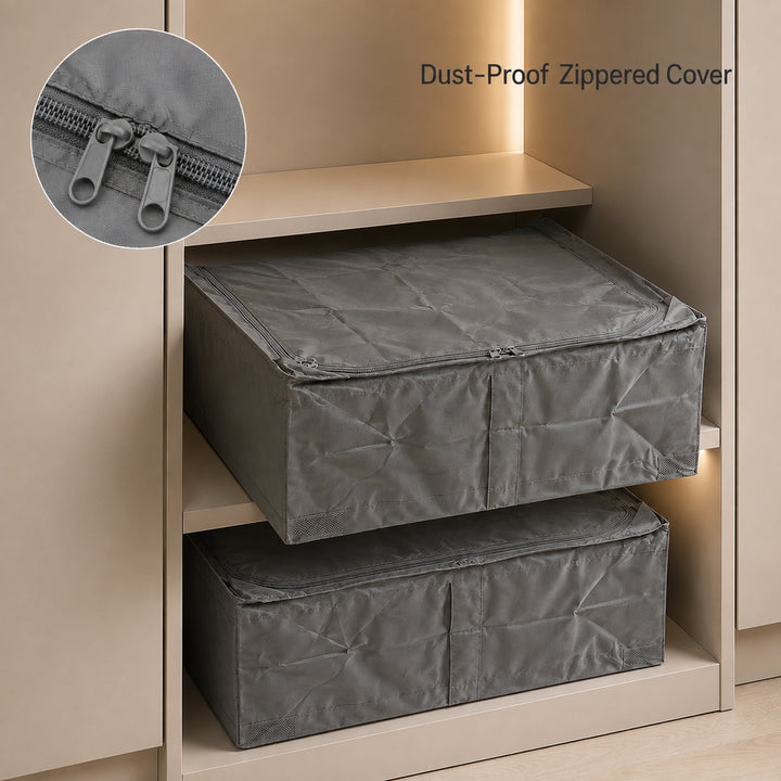 Foldable under-bed storage organizer with dust-proof zippered cover stored in a wardrobe