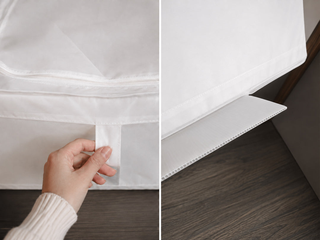 Close-up of the front carry handle and removable PP base board on the foldable under-bed storage organizer