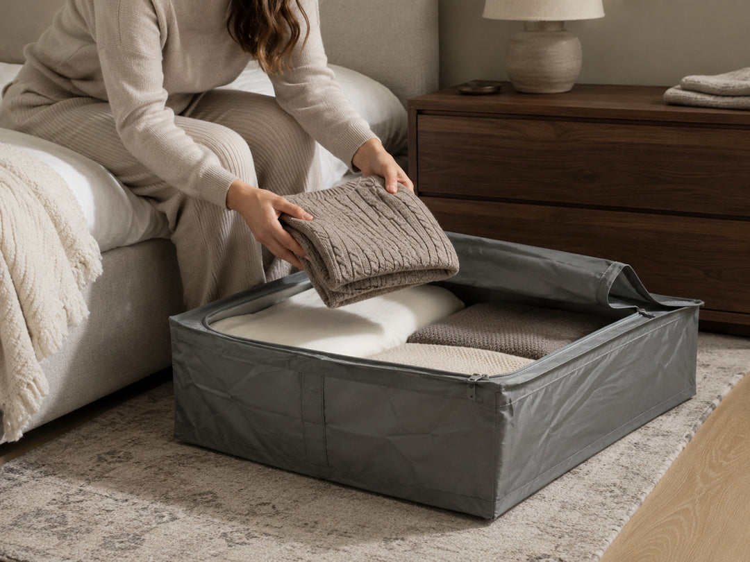 Woman packing folded bedding and knitwear into a grey foldable under-bed storage organizer