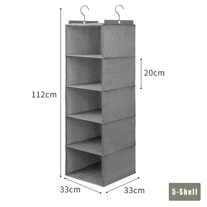 Grey Hanging Wardrobe Organizer 5-Shelf dimensions 33 × 33 × 112 cm