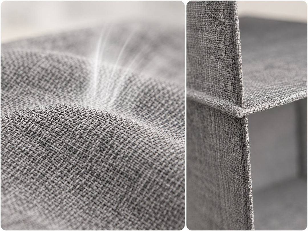 Grey hanging wardrobe organizer breathable linen-look fabric and stitched shelf detail