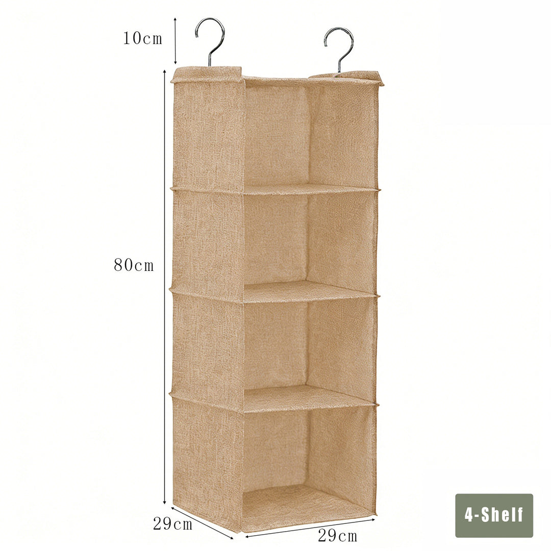 Champagne 4-shelf hanging wardrobe organizer with 29 × 29 cm shelves and 80 cm height