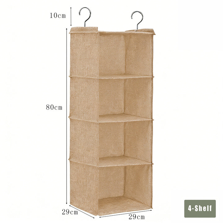 Champagne 4-shelf hanging wardrobe organizer with 29 × 29 cm shelves and 80 cm height