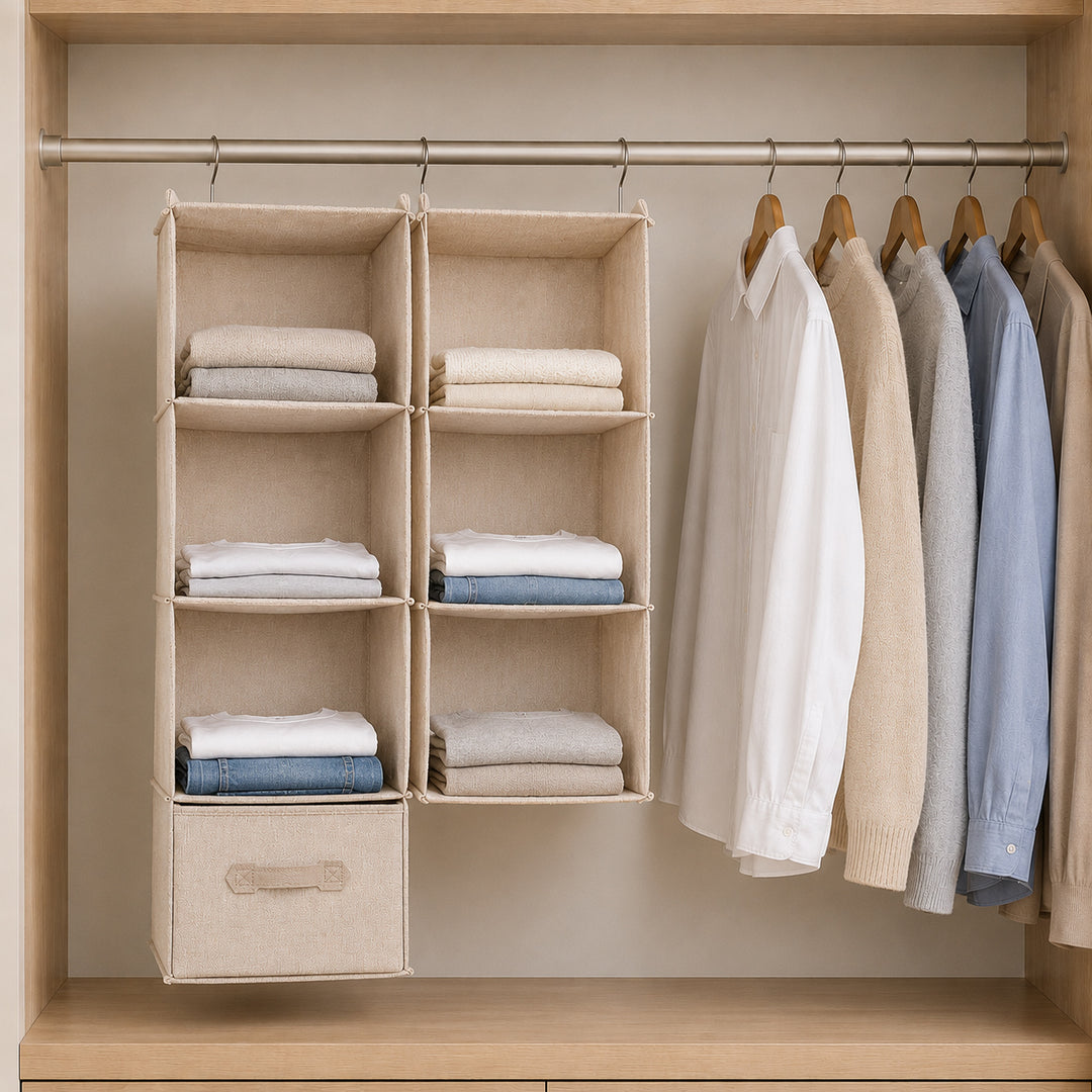 Hanging Wardrobe Organizers in different shelf configurations for organised wardrobe storage