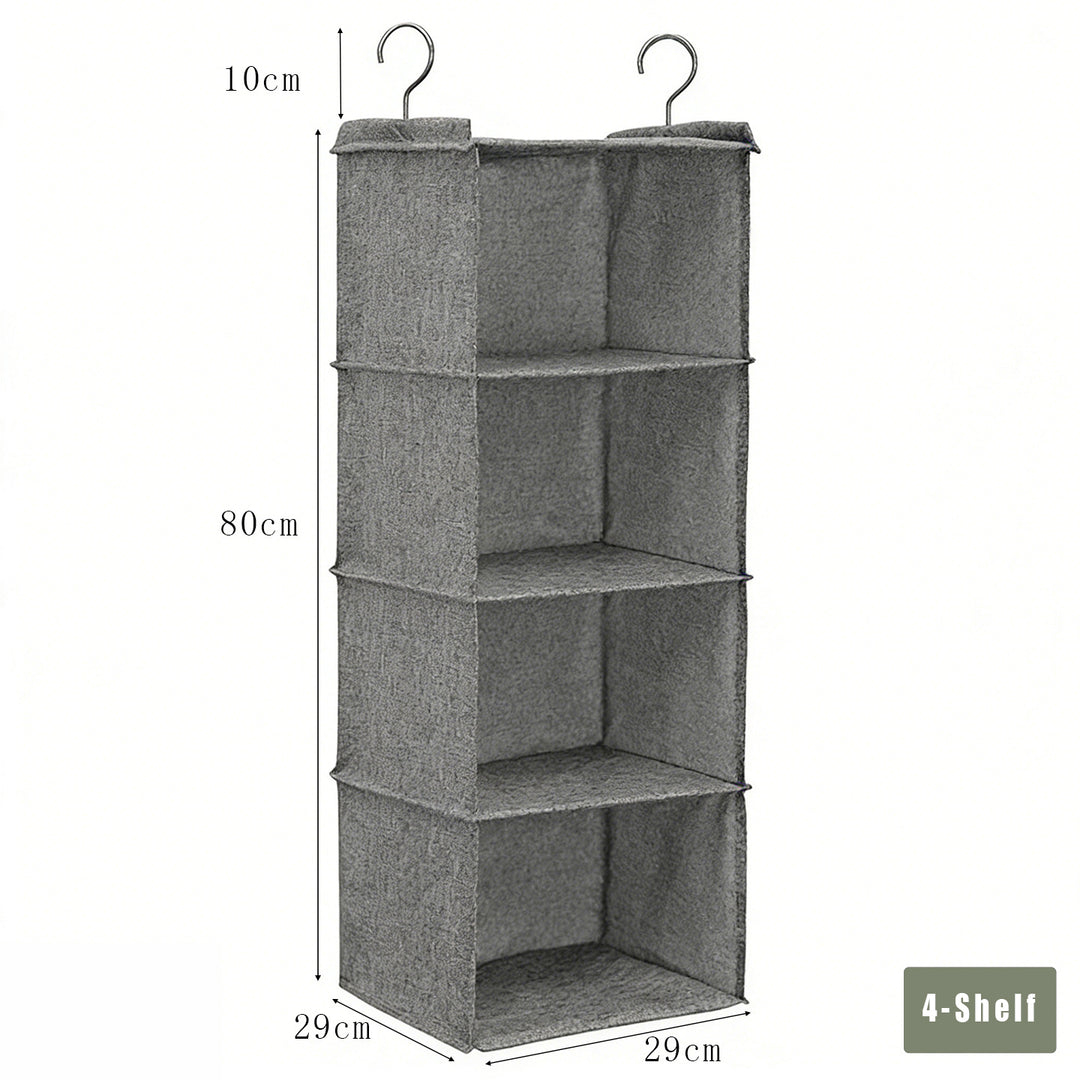 Grey 4-shelf hanging wardrobe organizer with 29 × 29 cm shelves and 80 cm height