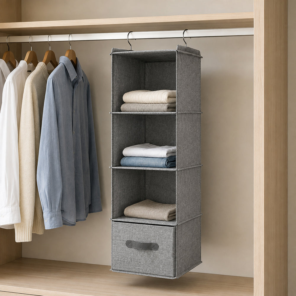 Grey 4-shelf Hanging Wardrobe Organizer with bottom drawer in a modern closet