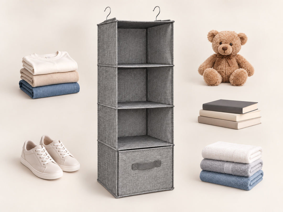 Grey hanging wardrobe organizer for clothing, books, toys, shoes and towels