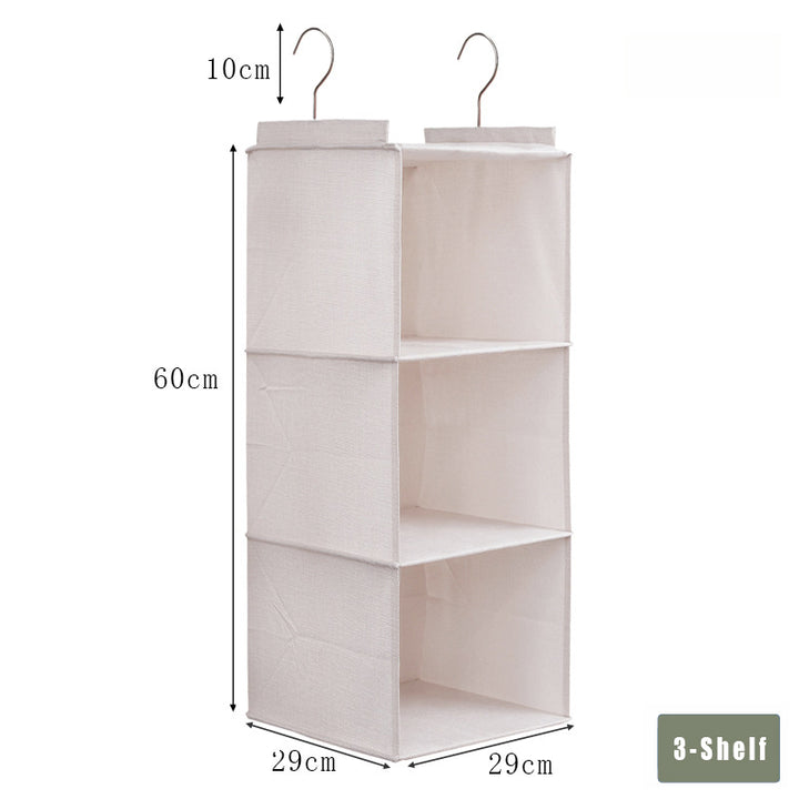 Off-white 3-shelf hanging wardrobe organizer with 29 × 29 cm shelves and 60 cm height