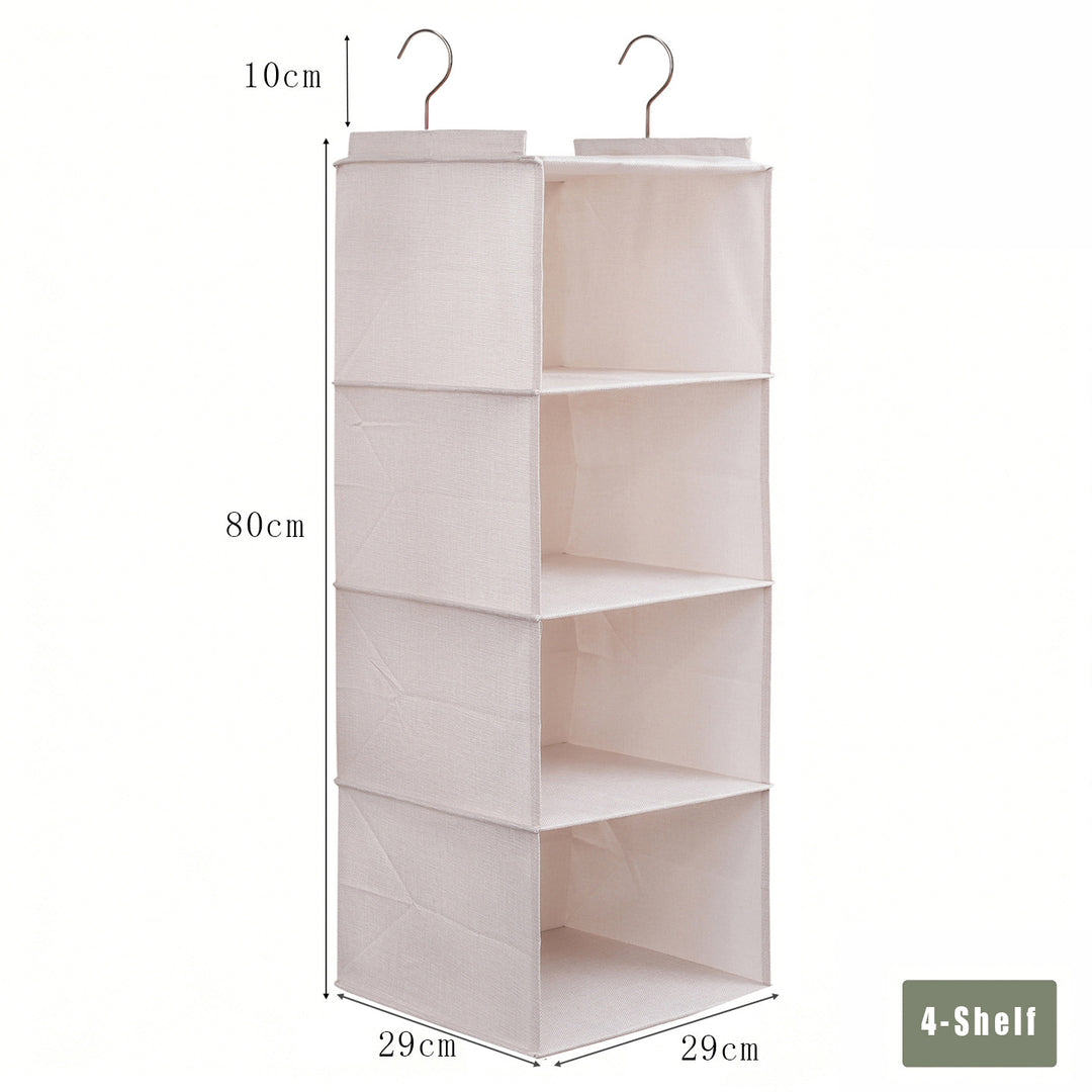 Off-white 4-shelf hanging wardrobe organizer with 29 × 29 cm shelves and 80 cm height