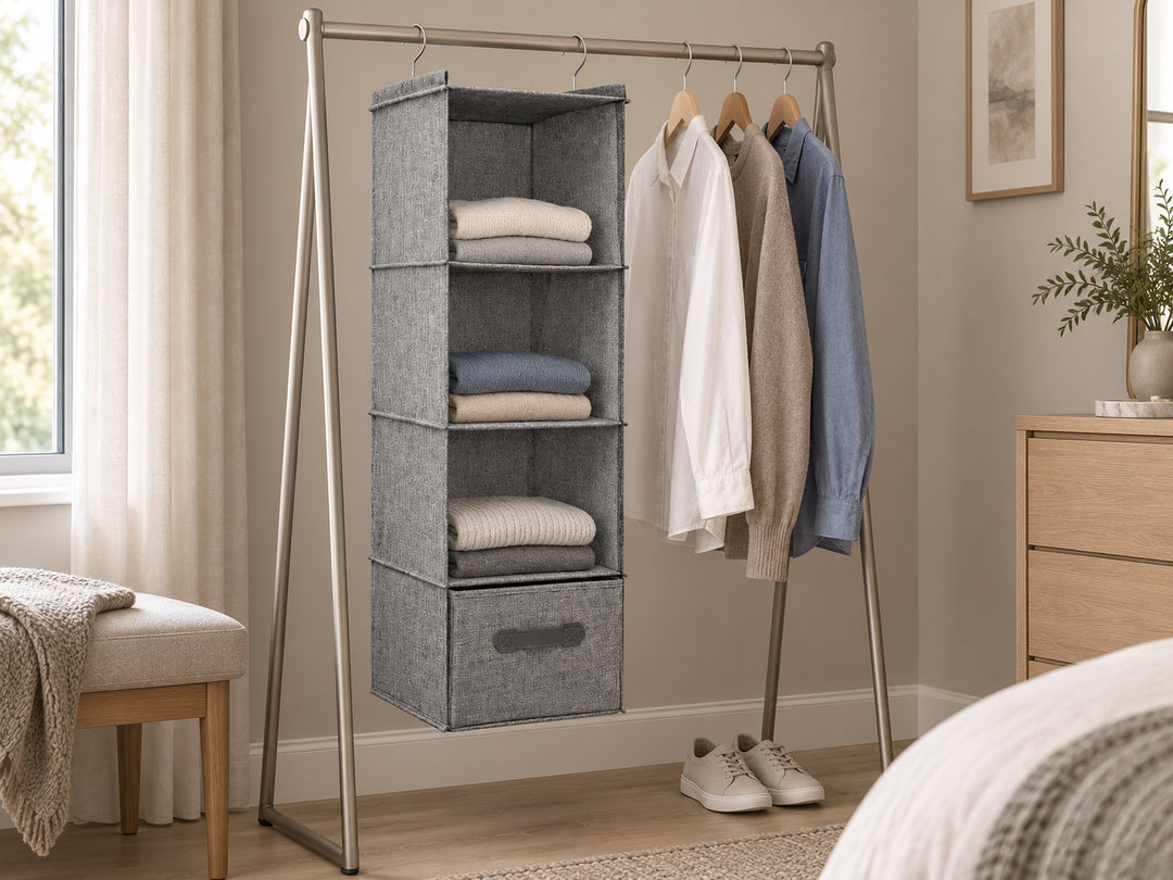 Grey hanging wardrobe organizer with drawer on a freestanding garment rack in a modern bedroom dressing area