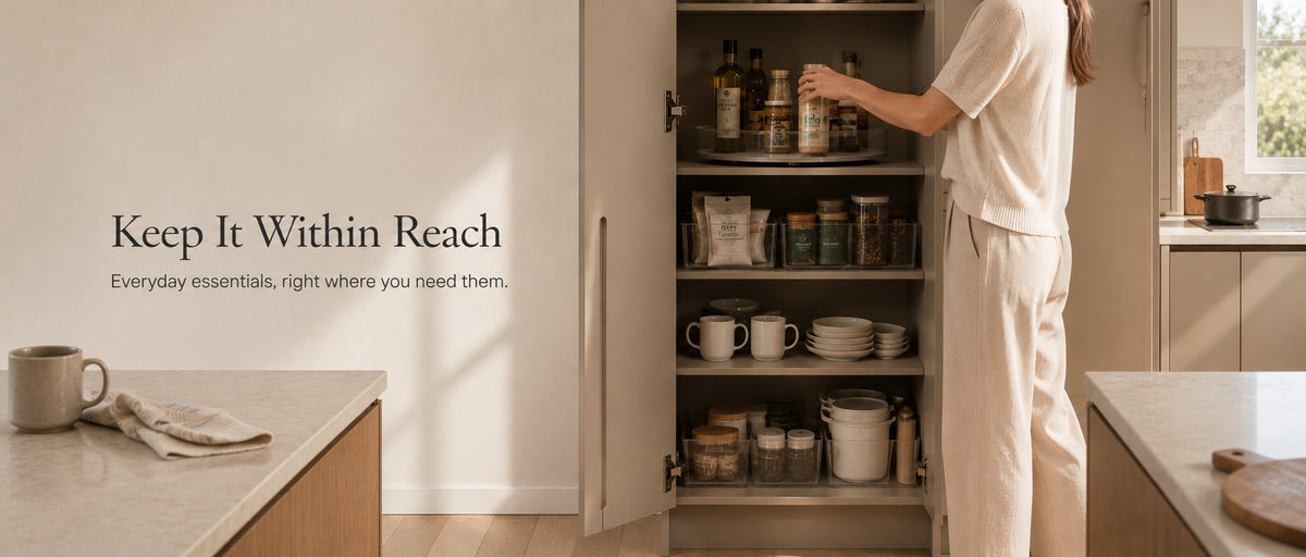 Keep It Within Reach collection banner with an organised kitchen pantry and everyday essentials within easy reach