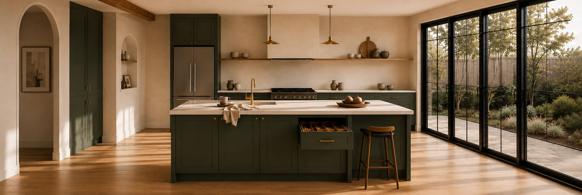 Modern kitchen organisation with olive green cabinetry, stone island and thoughtful storage solutions in a warm contemporary home by OUMANDA