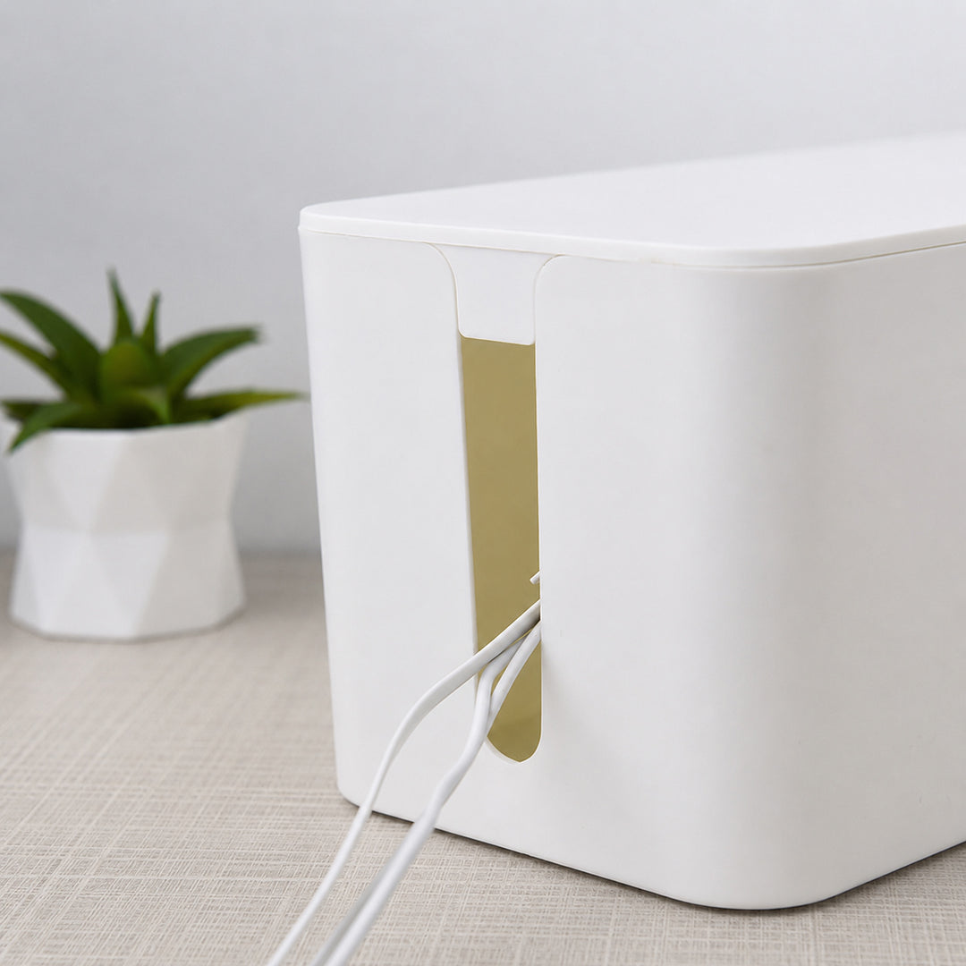 Large white cable management box with side cable outlet for neat cord organization