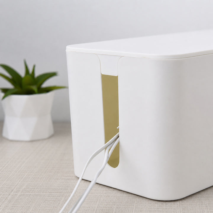 Large white cable management box with side cable outlet for neat cord organization
