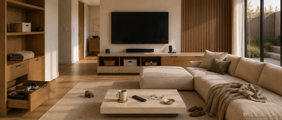 Warm modern living room with organised storage and everyday essentials