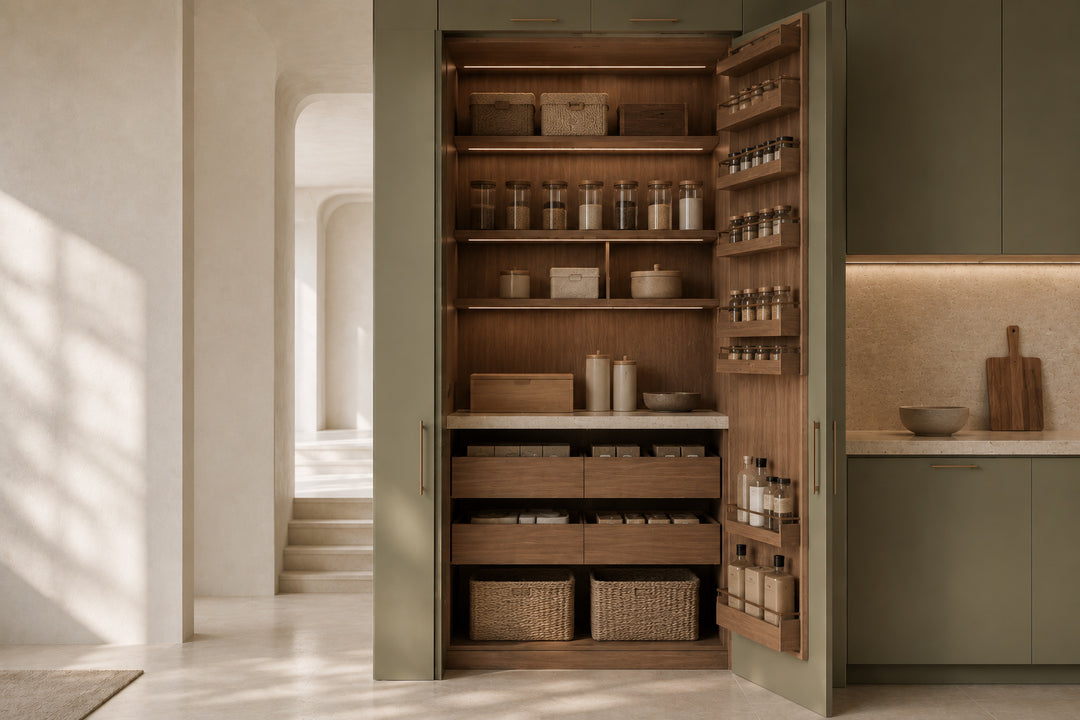 Integrated kitchen pantry storage with organised shelves, pull-out drawers and olive green cabinetry