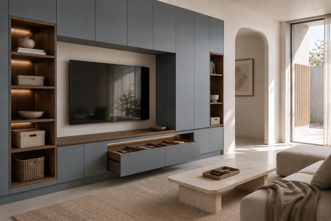 Living Room Organisation – Built-in Storage Wall with Hidden Drawer Organisation