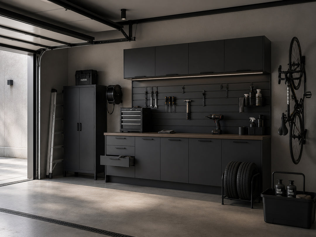 OUMANDA Clear the Clutter – Modern organised garage with built-in storage, tool wall and minimalist garage organisation.