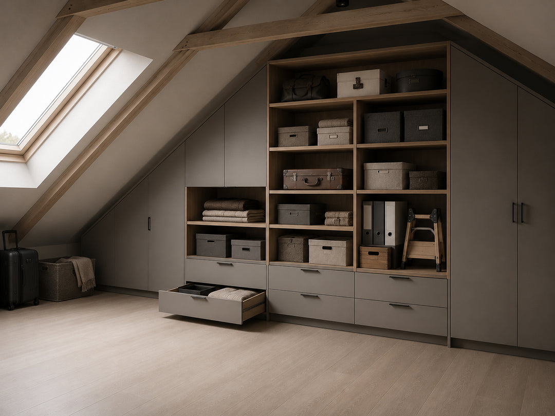 Premium attic storage inspiration featuring custom built-in shelving for efficient home organisation by OUMANDA.