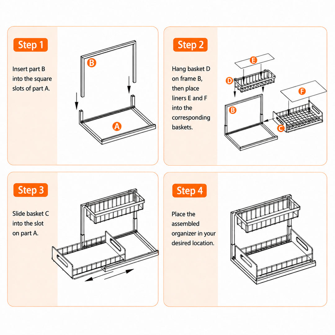 Four-step assembly guide for the Pull-Out Under Sink Organizer