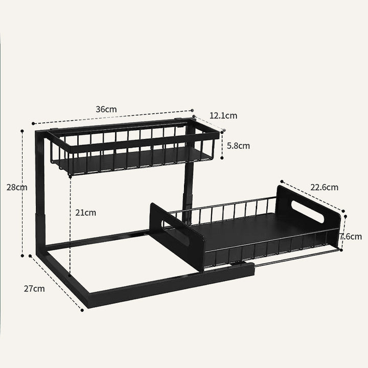 Pull-Out Under Sink Organizer in Black with product dimensions in cm